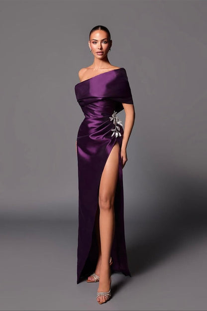 Classy Grape Off-The-Shoulder Satin Mermaid Prom Dress Detachable Skirt With Side Split