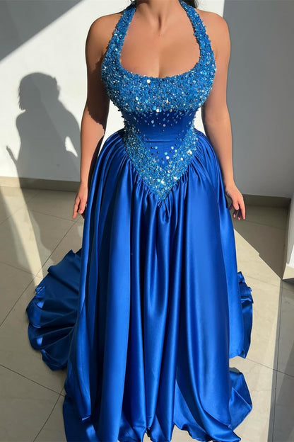 Shining Royal Blue Halter Sleeveless Satin Prom Dresses A-Line Long With Beads Pleats