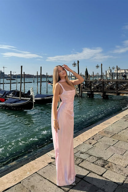 Sparkling Pink Square Straps Satin Prom Dresses Mermaid Column With Gloves