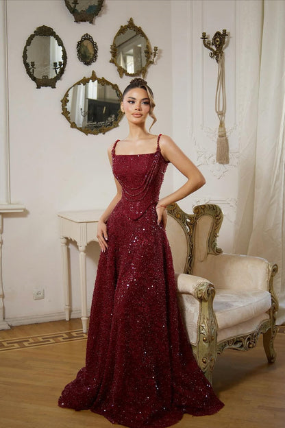 Shining Burgundy Spaghetti-Strap Sleeveless Sequins Prom Dress A-Line Long With Beads