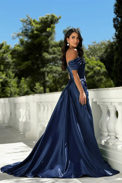 Elegant Dark Navy Off-The-Shoulder Satin Prom Dresses A-Line High Split Beads With Lace-Up Back