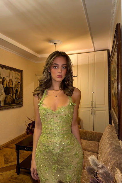 Romantic Green Sweetheart Halter Sleeveless Prom Dresses Mermaid Column With Appliques Beads