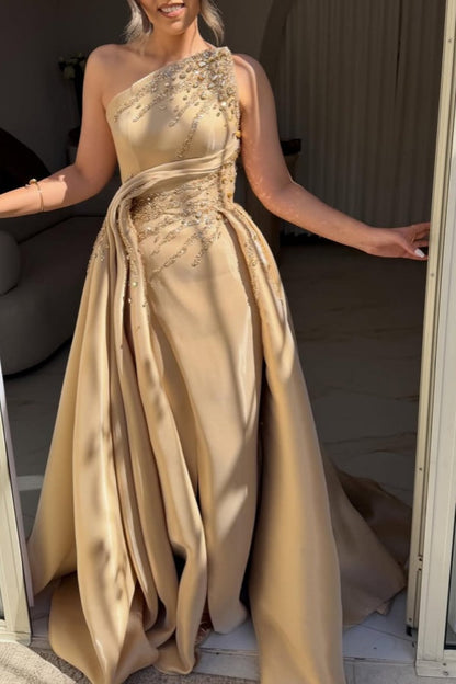 Luxury Asymmetrical Strapless Sleeveless Satin Prom Dresses A-Line Slit Gem With Zipper Pleats