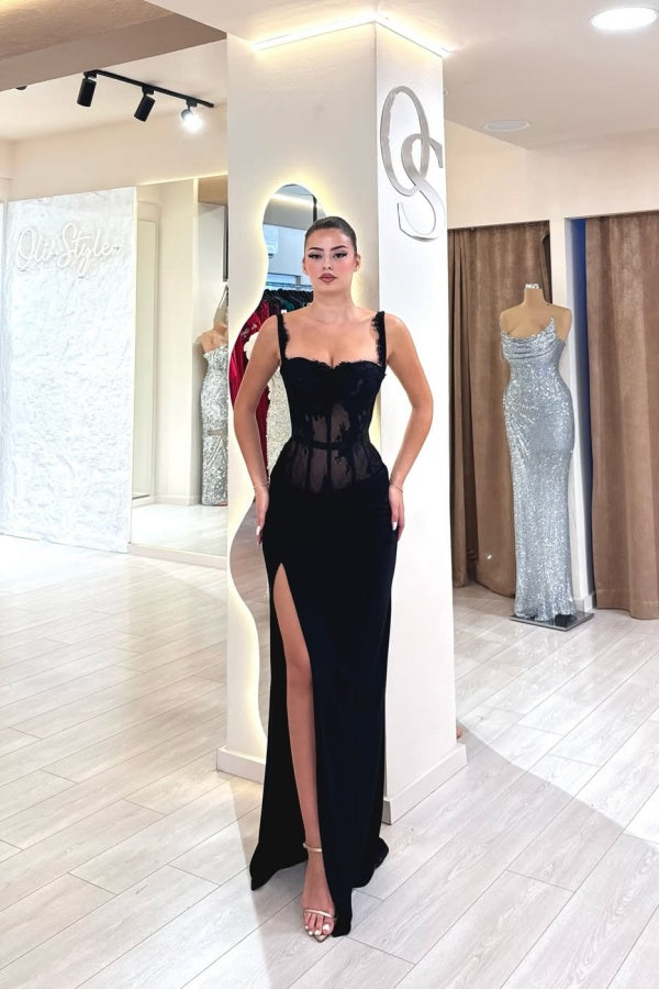 Elegant Black Spaghetti-Strap Sleeveless Mermaid Prom Dresses Lace High Split With Pleats