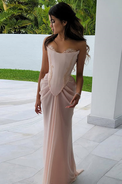 Shining Pink Strapless Sleeveless Chiffon Prom Dresses Long Beads With Lace-Up Back Pleats