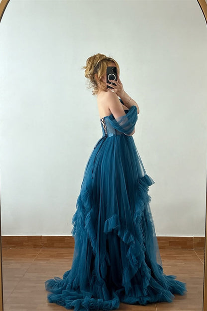 Romantic Ink Blue Off-The-Shoulder Sweetheart Tulle Prom Dress A-Line Pleats With Lace-Up Back