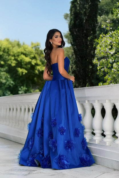 Elegant Royal Blue Strapless Sleeveless Satin Prom Dress A-Line With Zipper Flower