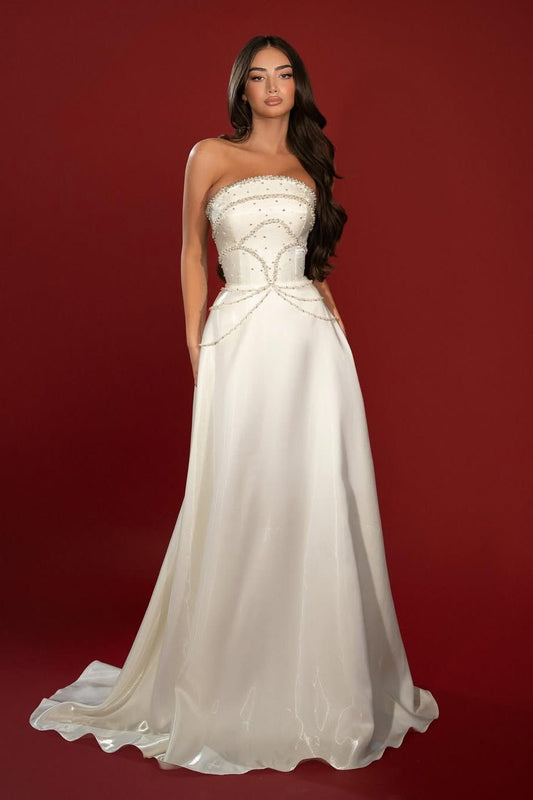 Charming Strapless Sleeveless A-Line Prom Dresses Pearls Long On Sale
