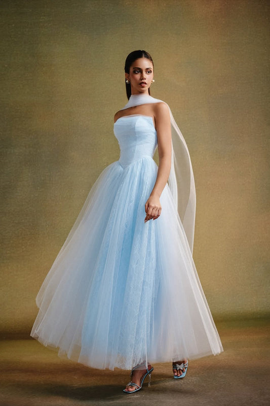 Dreamy Sky Blue Strapless Sleeveless Tulle Prom Dresses A-Line With Pleats