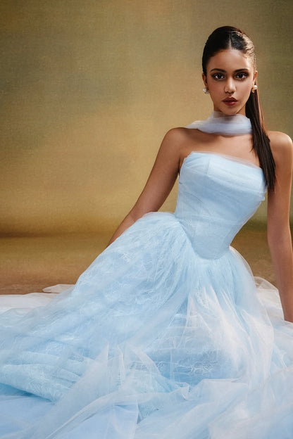 Dreamy Sky Blue Strapless Sleeveless Tulle Prom Dresses A-Line With Pleats