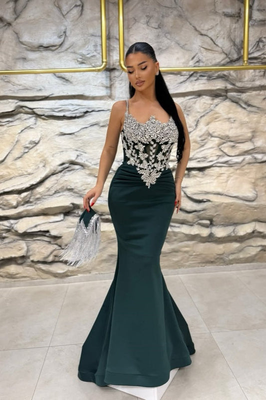 Chic Spaghetti-Straps sleeveless Mermaid Prom Dresses Sheath Gem With Pleats