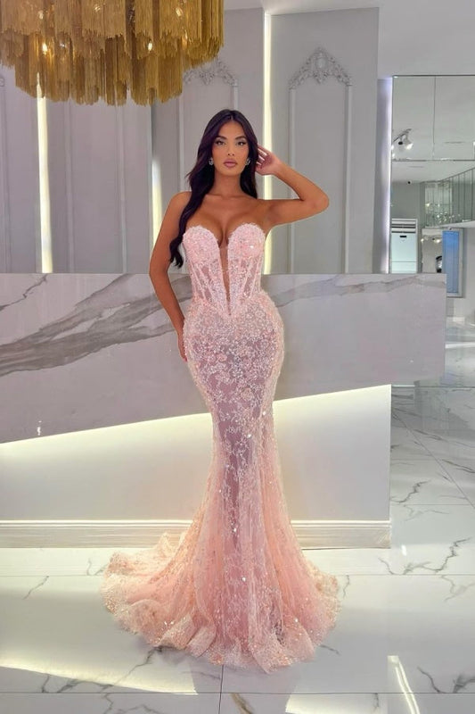 Dazzling Pink V-Neck Strapless Sleeveless Lace Prom Dresses Mermaid Sheath With Beads