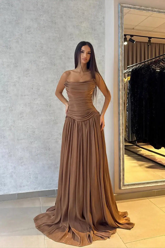 Flowing Coffee Strapless Sleeveless Chiffon Prom Dress A-Line Long With Pleats