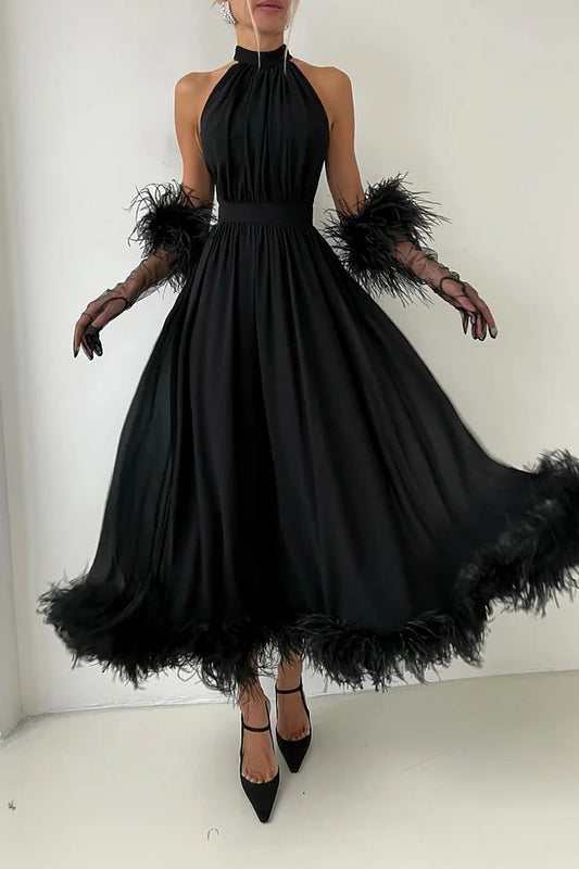 Charming Black Halter Chiffon Prom Dress A-Line Feather With Gloves Zipper