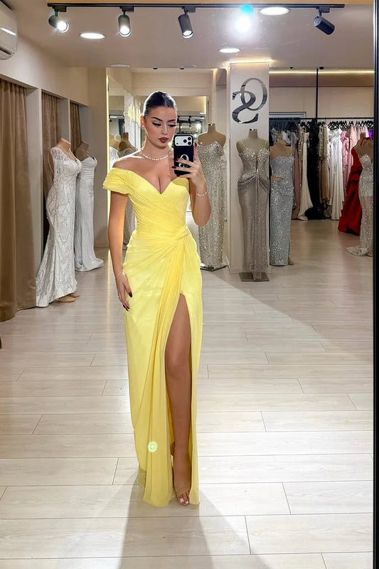Charming Yellow V-Neck One Shoulder A-Line Prom Dress High Split With Pleats