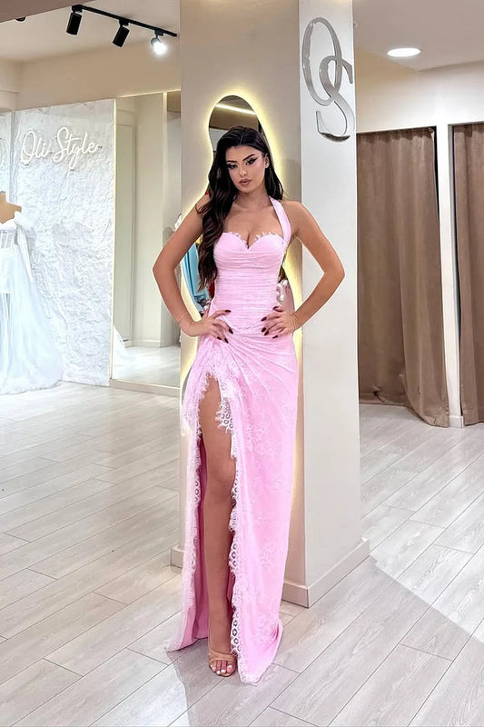 Beautiful Pink Sweetheart Halter Sleeveless Lace Prom Dress Mermaid With Side Split
