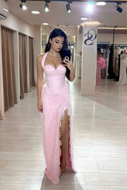 Beautiful Pink Sweetheart Halter Sleeveless Lace Prom Dress Mermaid With Side Split