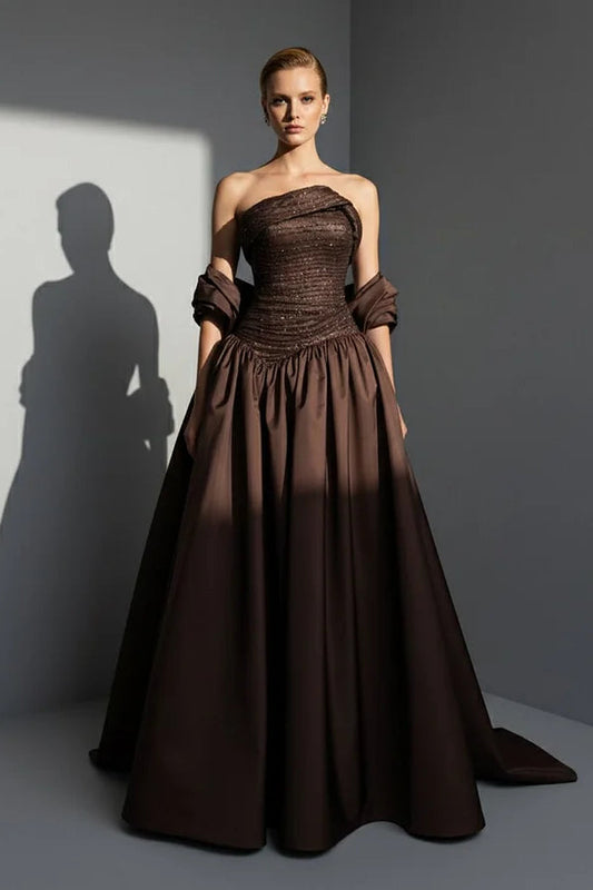 Luxury Brown Strapless Sleeveless Satin Prom Dress A-Line Beads With Zipper Pleats