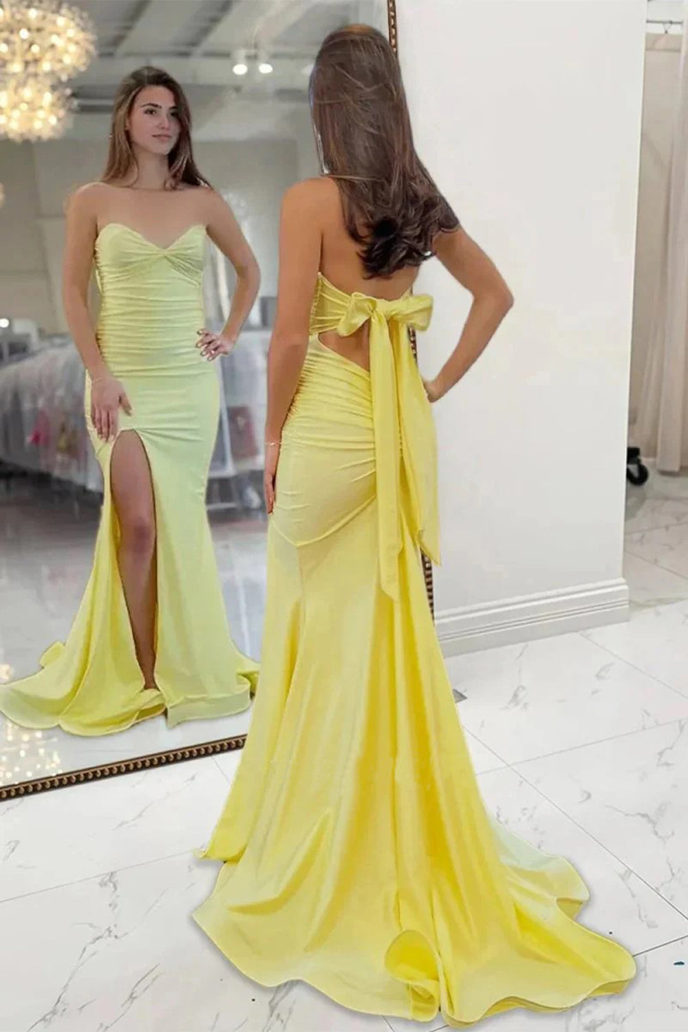 Yellow Strapless Ruched Slit Long Prom Dress with Bow Back