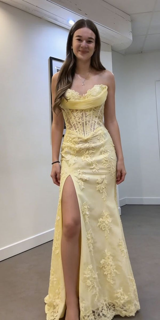 Yellow Sweetheart Lace Mermaid Senior Prom Dresses Custom Made Party Dress