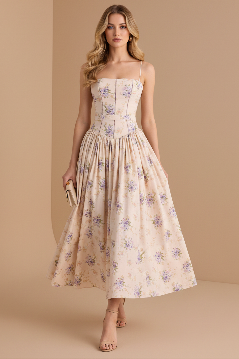 Spaghetti Straps Sleeveless Floral Print A-Line Ankle-Length Evening Dress