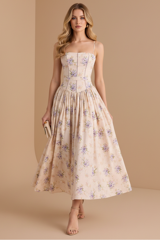 Spaghetti Straps Sleeveless Floral Print A-Line Ankle-Length Evening Dress