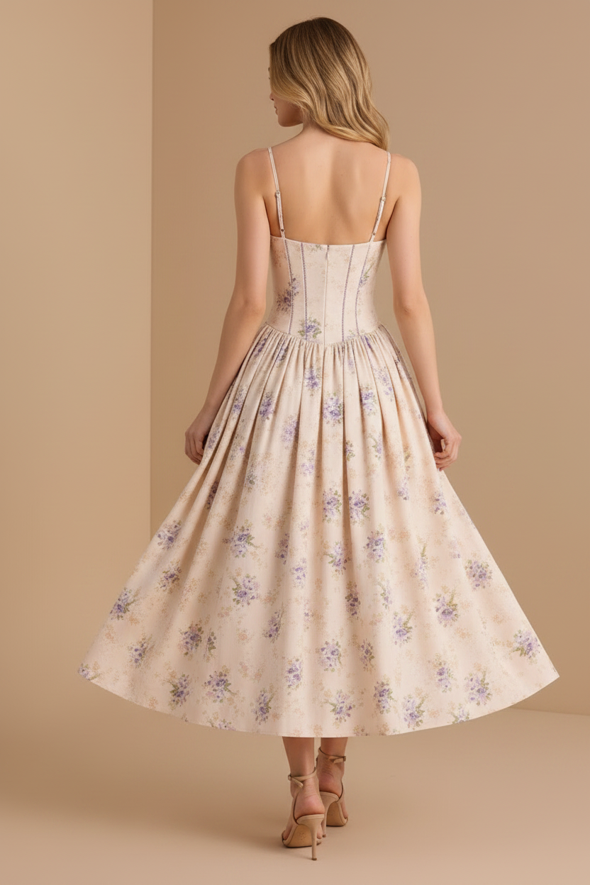 Spaghetti Straps Sleeveless Floral Print A-Line Ankle-Length Evening Dress