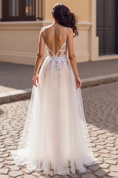 Sleeveless V-Neck Open Back Tulle Wedding Gowns A-Line Spaghetti-Straps With Appliques