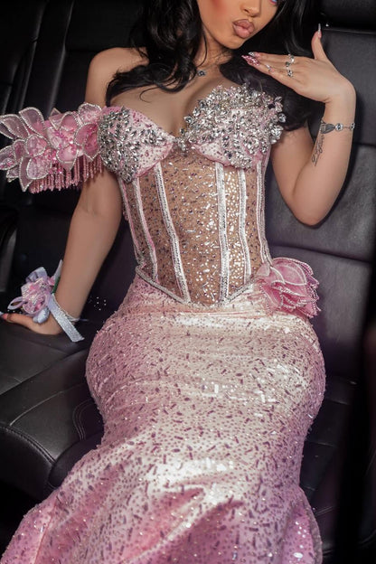 Pink Sweetheart Off-the-Shoulder Mermaid Sequins Prom Dress With Beads
