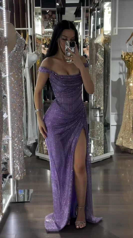 Shinning Mermaid Off The Shoulder Lilac Slit Sequins For Women Party Dresses Long Formal Prom Dresses 18th Birthday Gown AB1334