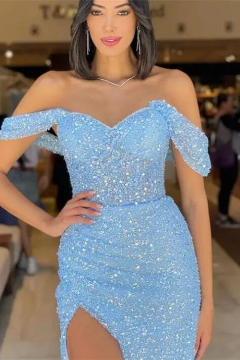 Off the Shoulder Sleeveless Sequins Sparkle Mermaid Side Slit Evening Dress