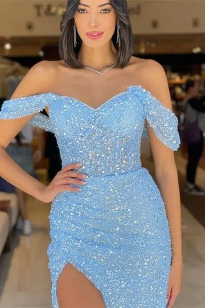 Off the Shoulder Sleeveless Sequins Sparkle Mermaid Side Slit Evening Dress