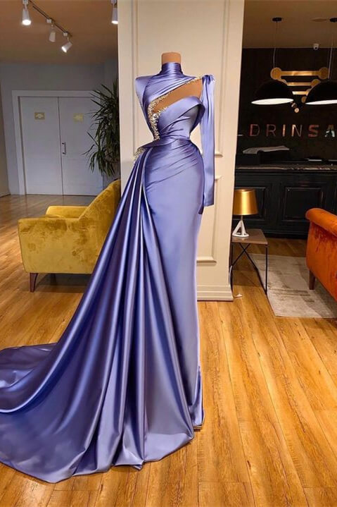 High Neck Long Sleeves Pleated Mermaid Prom Dress Beadings With Ruffles