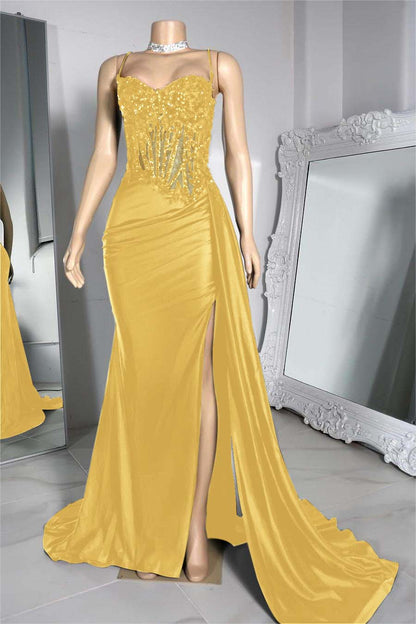 Exquisite Black Spaghetti Strap Sleeveless Pleated Long Split Prom Dress With Beading