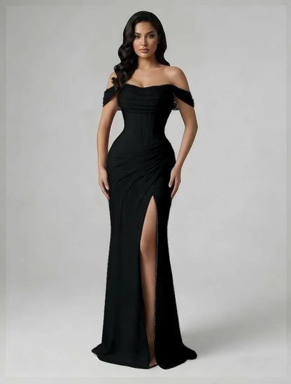 Off-The-Shoulder Strapless Sleeveless High-Waisted Long Mermaid Prom Dress With Pleated And High Split