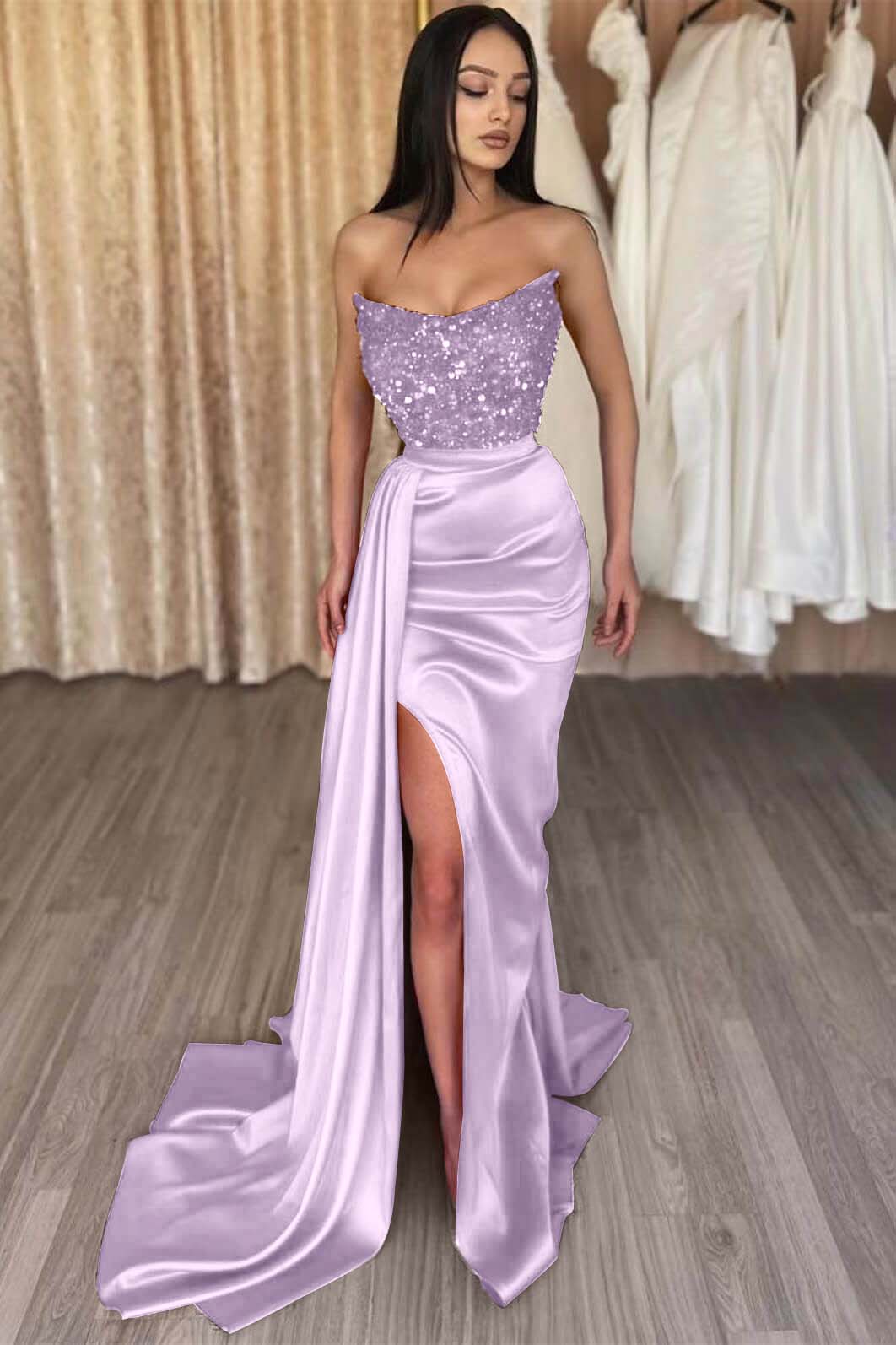 Red Strapless Elegant Sleeveless Long Sequins Prom Dress Mermaid Side Split