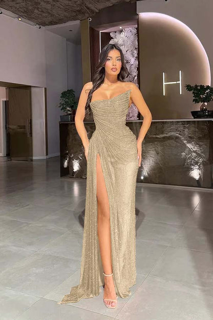 Strapless Sleeveless High Split Long Prom Dress With Pleated