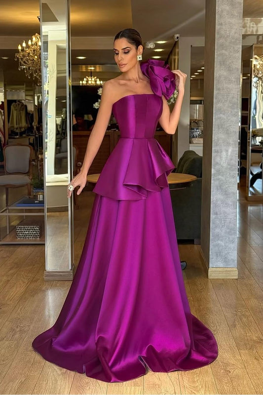 Satin Strapless Sleeveless Long A-Line Prom Dress With Pleated And Flowers