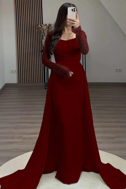 Square Neck Long Sleeves High Waist Long Pleated Mermaid Prom Dress With Beadings And Ruffles