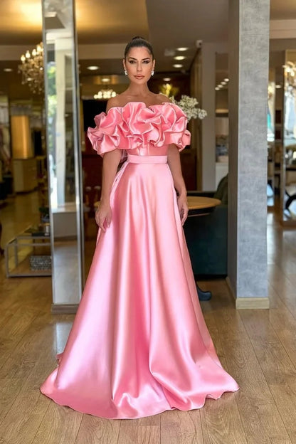 Satin Off-The-Shoulder Strapless High-Waisted Long A-Line Prom Dress With Ruffles