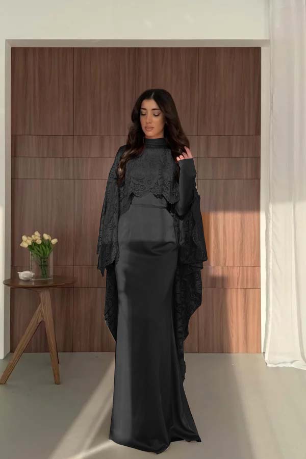 Satin And Lace High Neck Long Sleeves High-Waisted Long Mermaid Prom Dress With Cape