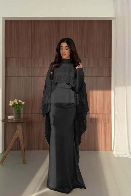 Satin And Lace High Neck Long Sleeves High-Waisted Long Mermaid Prom Dress With Cape