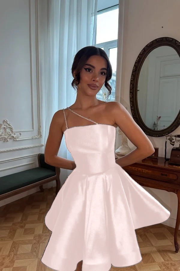 One Shoulder Sleeveless Short A Line Prom Dress With Pleated