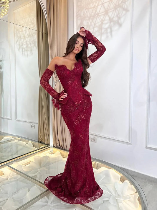 Burgundy V-Neck Lace Sequins Mermaid Prom Dress With Gloves YK0673