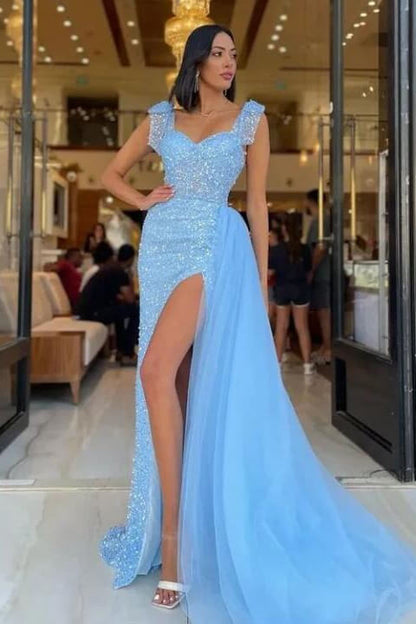 Sky Blue Sweetheart Straps Mermaid Evening Dress Split Tulle With Detachae Ruffles