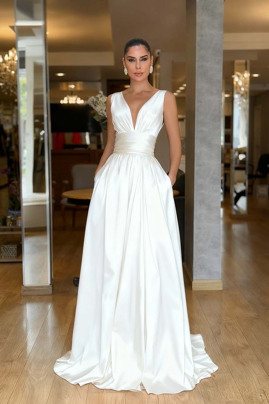 Hidais Straps Sleeveless High Waist Long Prom Dress With Pockets Pleated