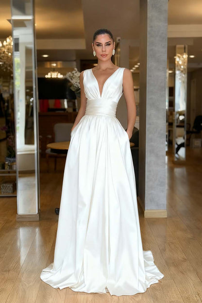 Hidais Straps Sleeveless High Waist Long Prom Dress With Pockets Pleated