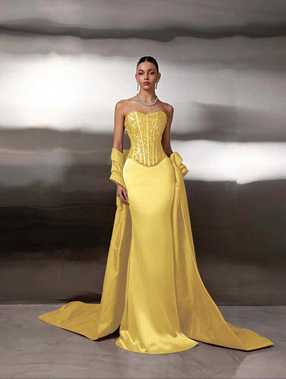 Satin Strapless Sleeveless Long Mermaid Prom Dress With Ruffles And Sequins