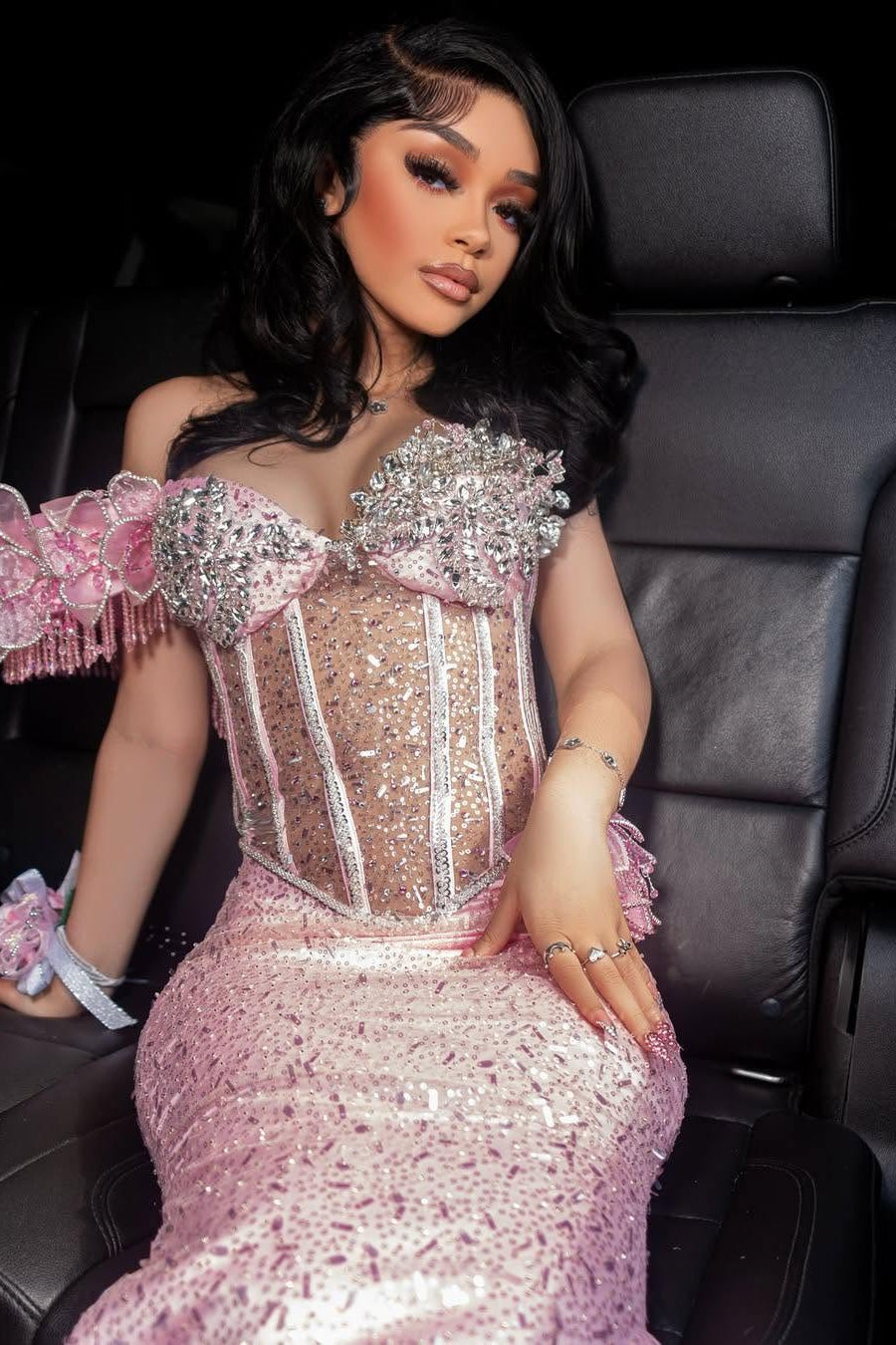 Pink Sweetheart Off-the-Shoulder Mermaid Sequins Prom Dress With Beads