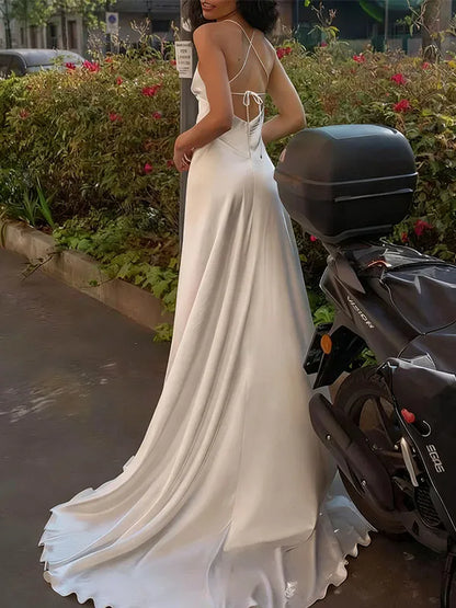 A-Line V-Neck Spaghetti Straps Chapel Train Satin Wedding Dresses